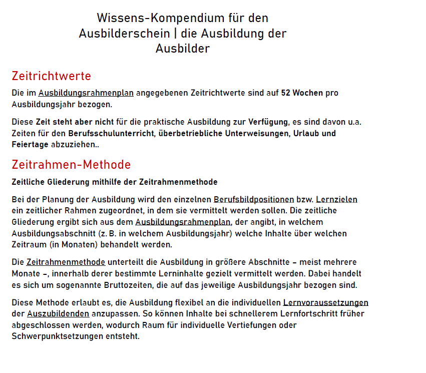 Beispielseite aus dem AEVO Wissenskompendium – Zeitrichtwerte und Zeitrahmen-Methode