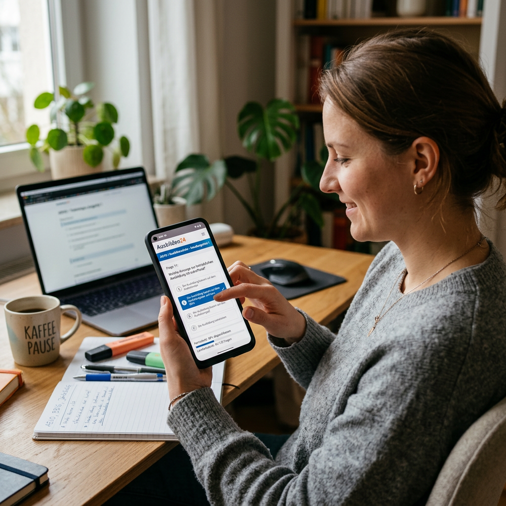 Person lernt entspannt mit Smartphone und Laptop – AEVO Vorbereitung